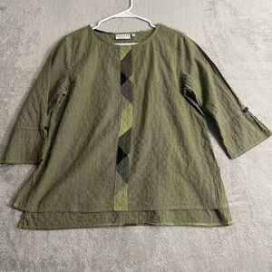 Habitat Top Women’s XS Green Black Pin Check Plaid Sleeve Accent Button Boho